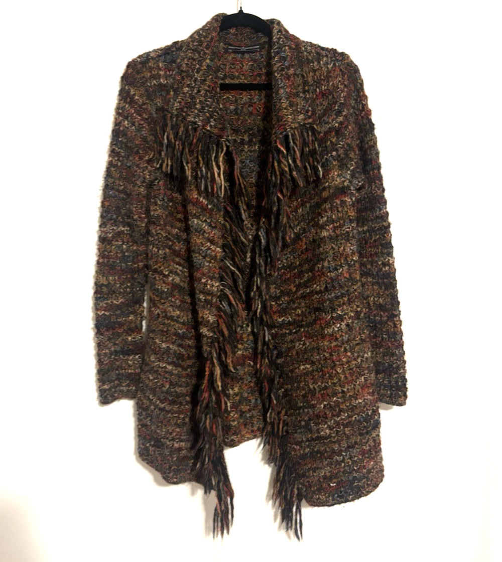 Peruvian Connection Cardigan Medium Knit Open Front Fringe Multicolor Alpca Wool